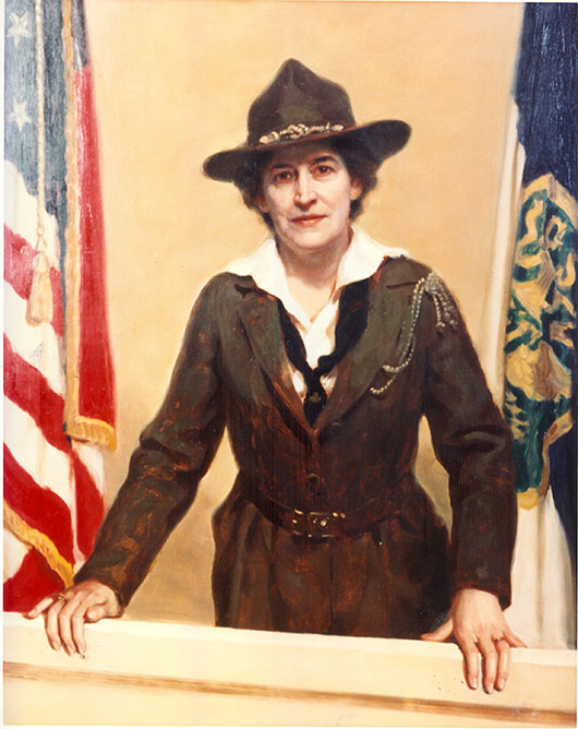 a painted portrait of juliette gordon low as an adult in her girl scout uniform